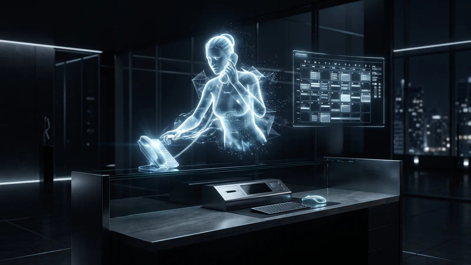 A holographic AI receptionist taking a call at an unstaffed reception desk, with a booking screen alongside