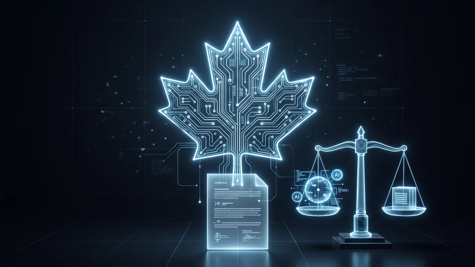 AI regulations in Canada, shown as a circuit maple leaf above legal documents and scales