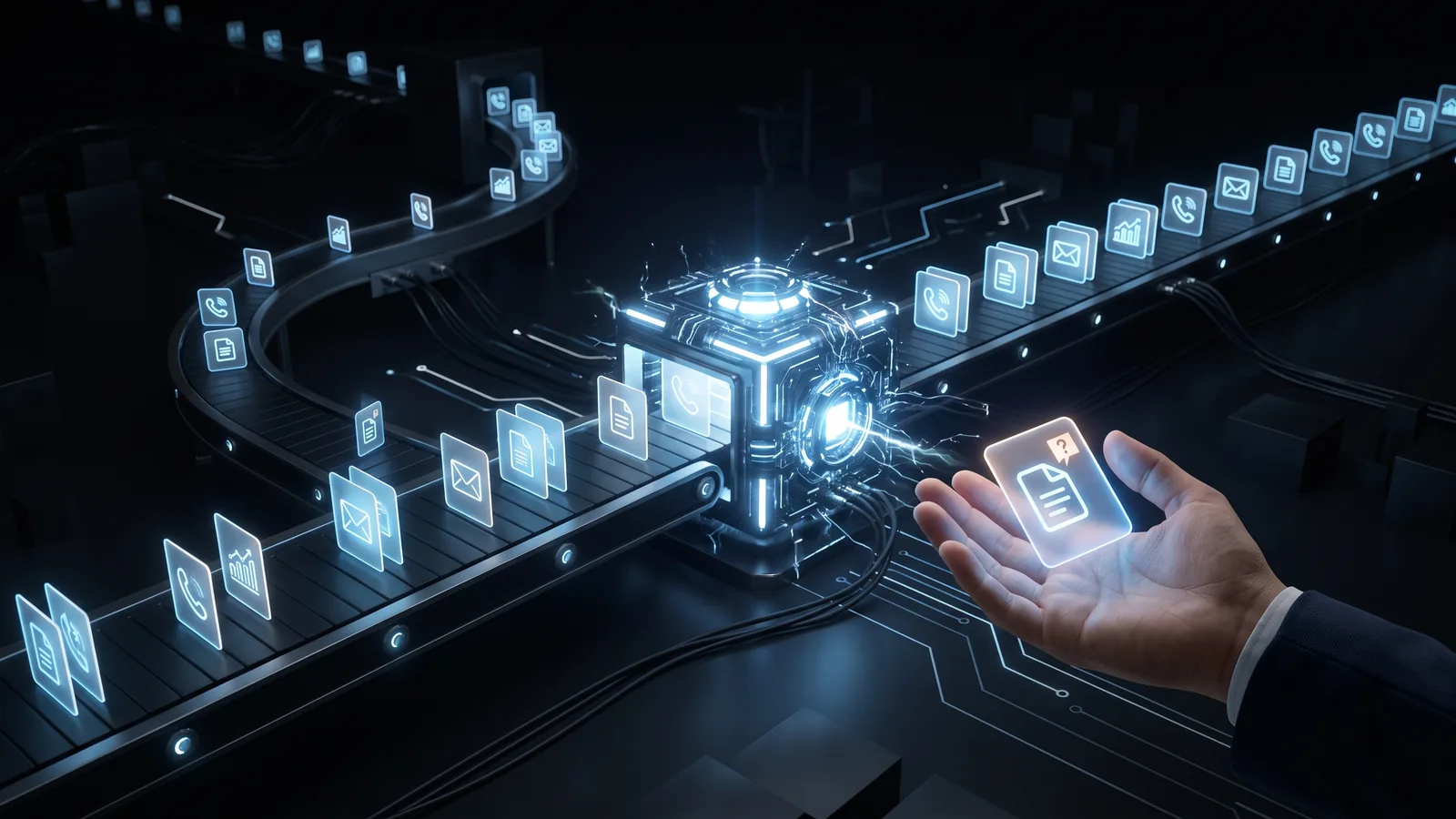 AI automation moving business tasks through an AI core, with one task handed to a person for review